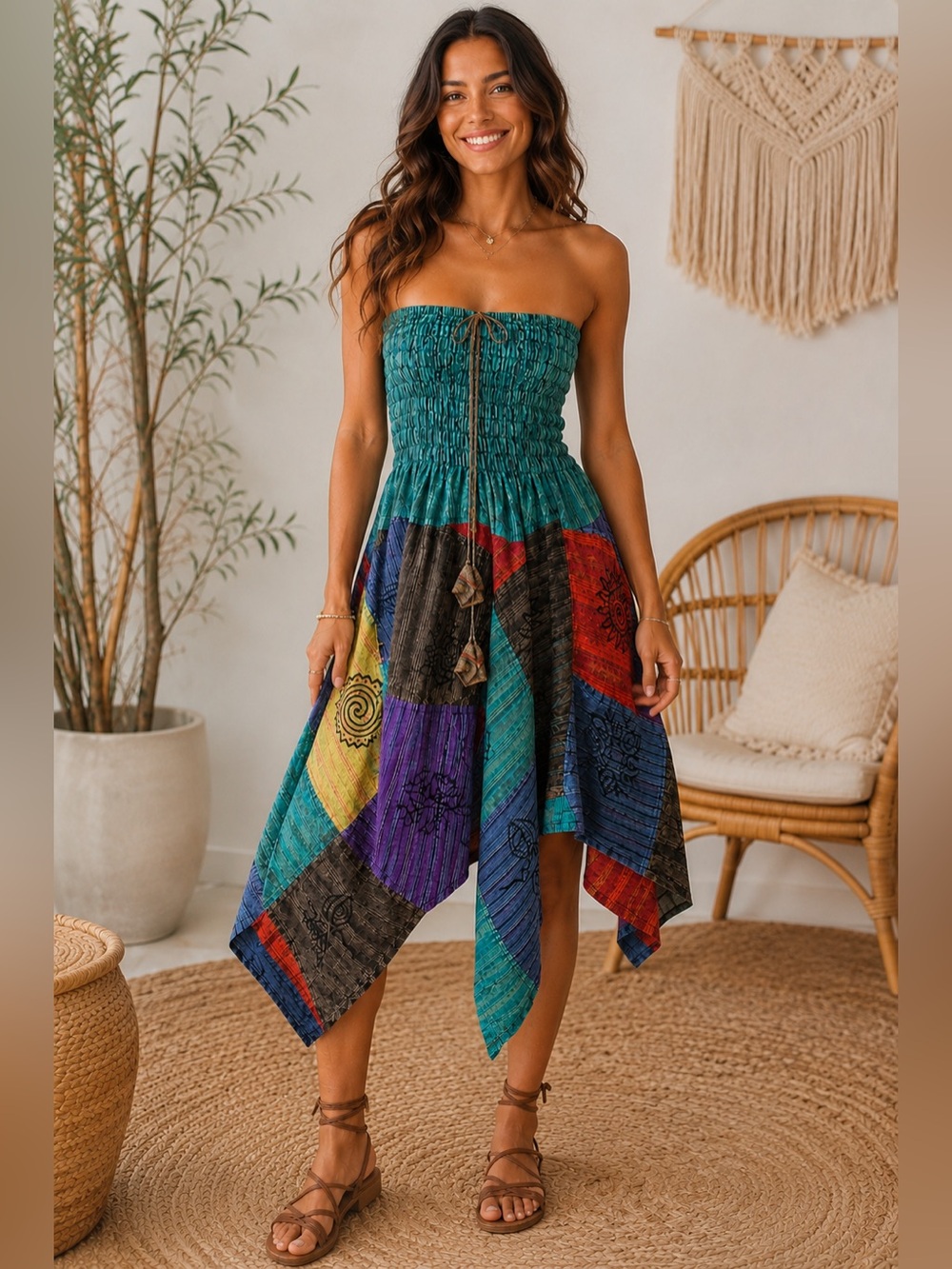 Rhea NWT Patchwork Handkerchief Hem Boho Dress One Size S-L Festival Hippie A28